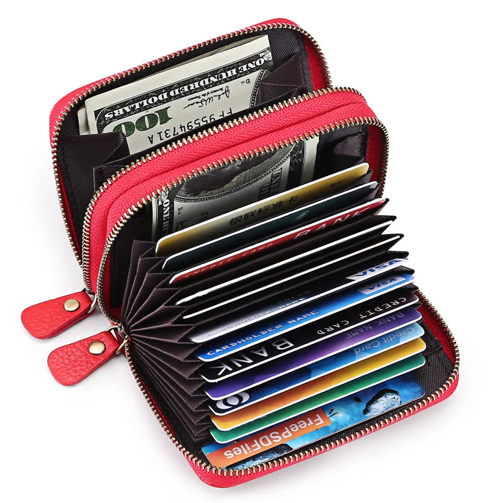 Cowhide double layer zipper expanding card holder in black with anti-theft credit card protection and gift box