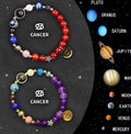 Set of twelve natural stone beaded bracelets with zodiac sign charms on a stretch cord.