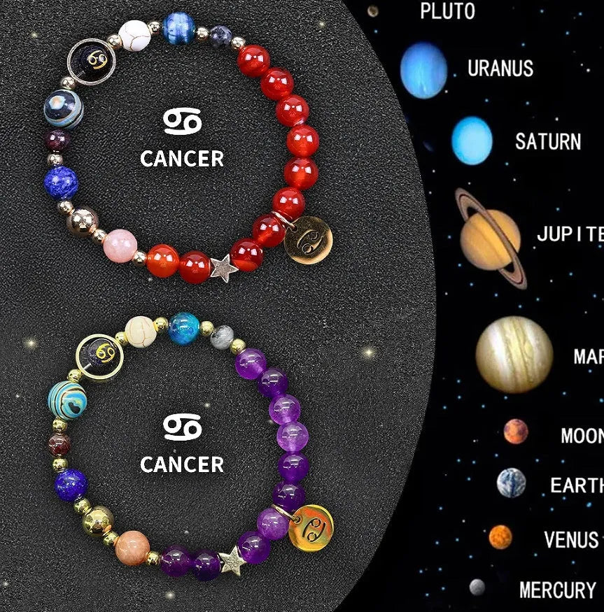 Set of twelve natural stone beaded bracelets with zodiac sign charms on a stretch cord.