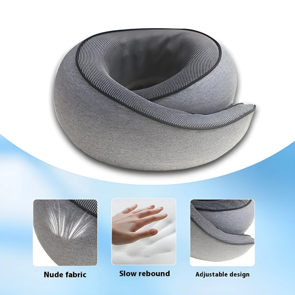 U-shaped memory foam travel neck pillow in grey with portable storage bag