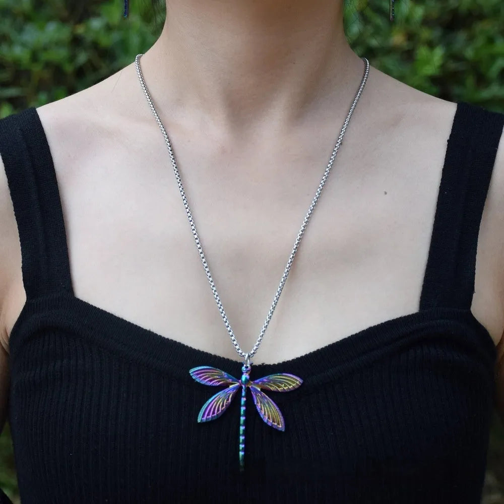 Colourful alloy rainbow dragonfly keychain with 60cm snake chain necklace and earrings set