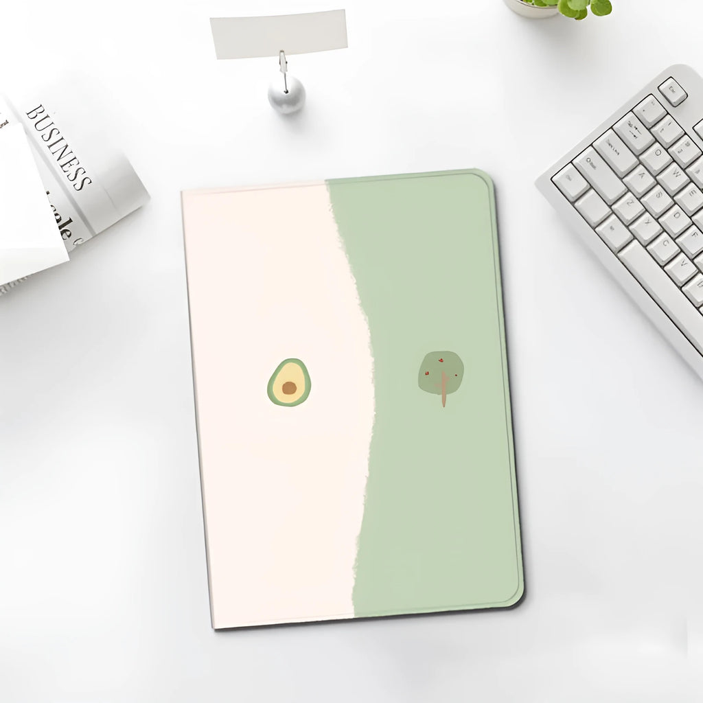 Cartoon literary avocado silicone iPad case with book style and pen slot options