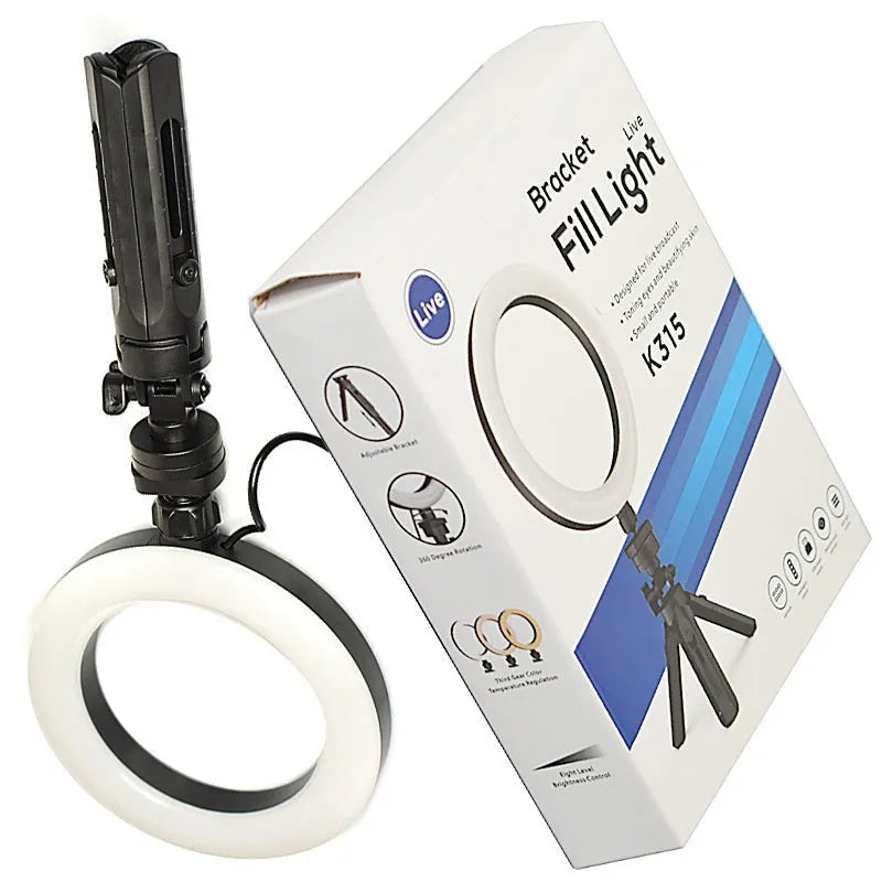 Black smartphone desktop tripod suit with adjustable colour fill light and universal clip mount.