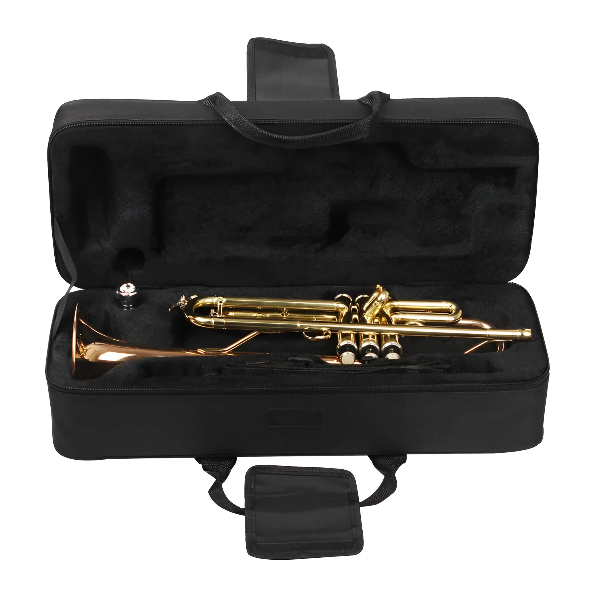 Black Oxford cloth shoulder and back storage bag for musical instruments, 53x22x15 cm, on a plain background