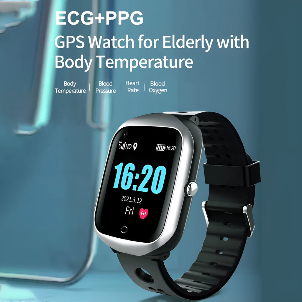 Black elderly safety smartwatch with square screen and silicone strap showing GPS and SOS functions.