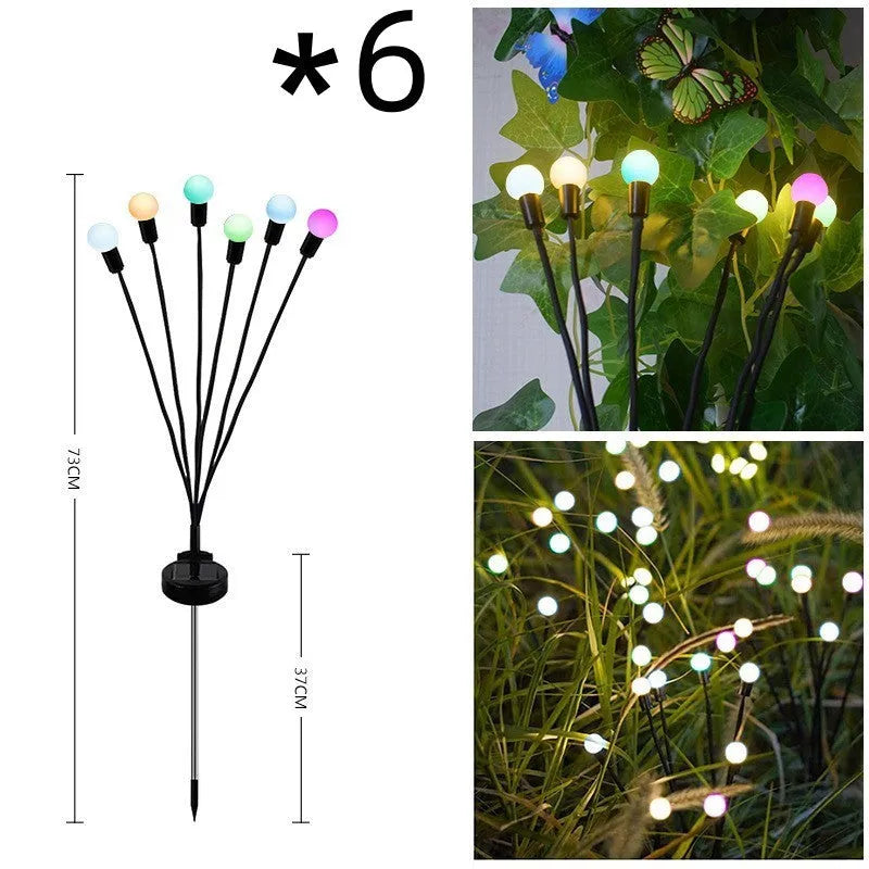 Solar-powered LED garden ground light with multiple light heads and a pneumatic foot pedal for installation.