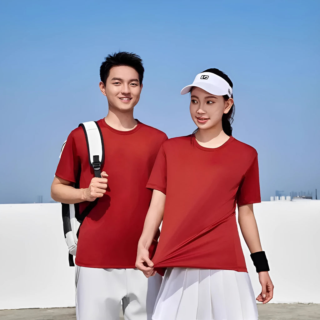 Men's solid colour loose-fit short sleeve polyester t-shirt on a hanger.