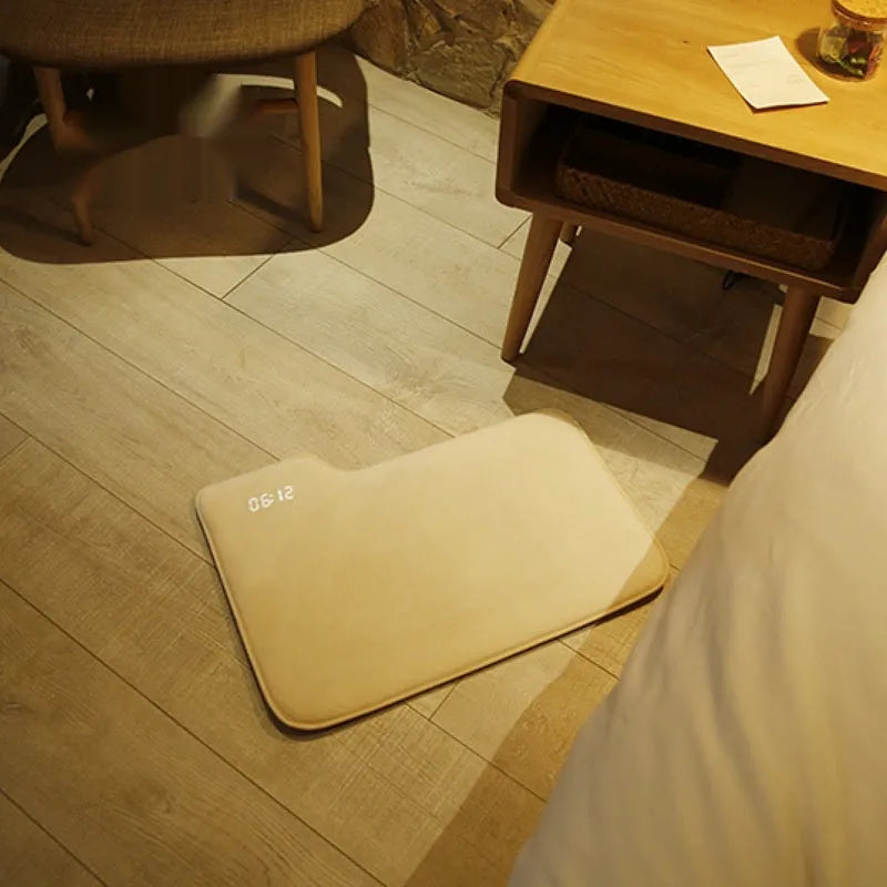 Smart carpet mat alarm clock with 20mm thick velvet cloth shell, showing the mat and control panel