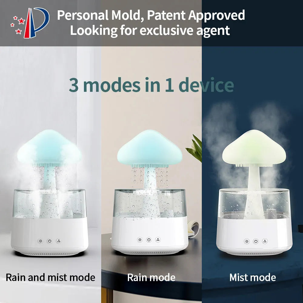 White rain cloud design desk humidifier and aromatherapy diffuser with mushroom-shaped night light on a wooden table.