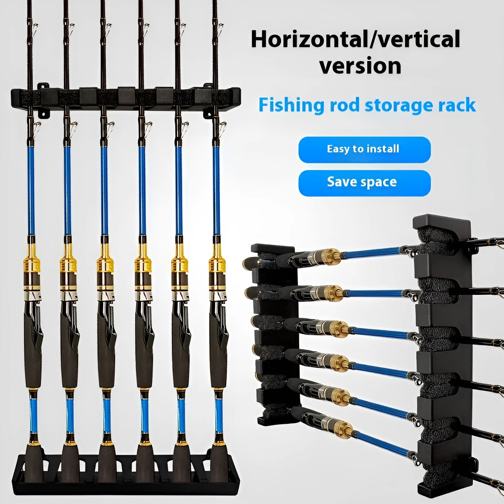ABS plastic wall mounted fishing rod holder in black with self-tapping screws for upright or horizontal rod storage