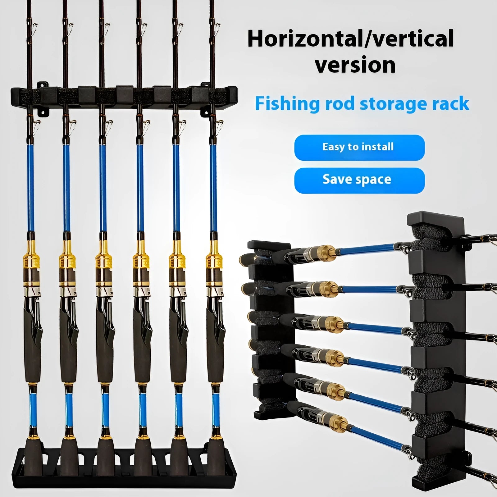 ABS plastic wall mounted fishing rod holder in black with self-tapping screws for upright or horizontal rod storage