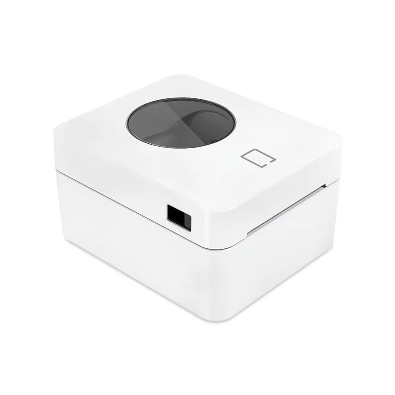White Bluetooth thermal label printer with compact 200mm desktop dimensions