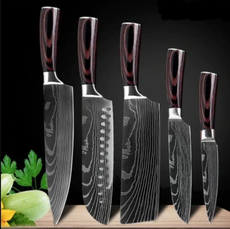 7Cr17 stainless steel kitchen knife with Damascus pattern blade and coloured wood handle on a cutting board.