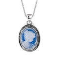 S925 sterling silver pendant with embossed blue and white agate oval portrait on white background