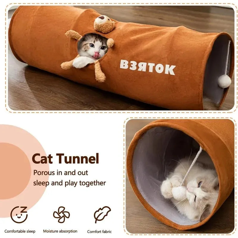 Collapsible cat tunnel with plush ball in brown or grey, showing foldable steel wire frame and suede fabric