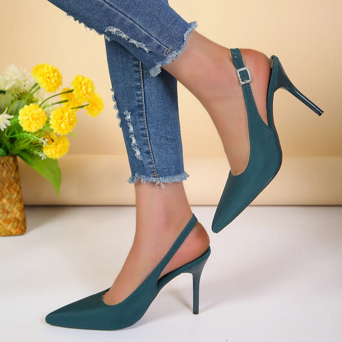 Women's pointed toe buckle sandals with stiletto heel, black PU upper, rubber sole
