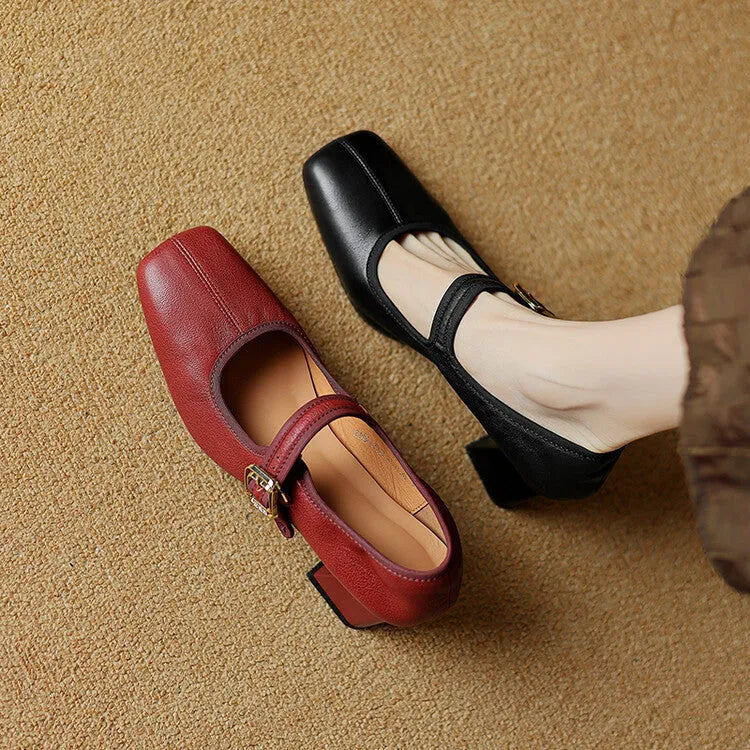 Women's square toe chunky heel pumps in black and wine red with sheepskin upper