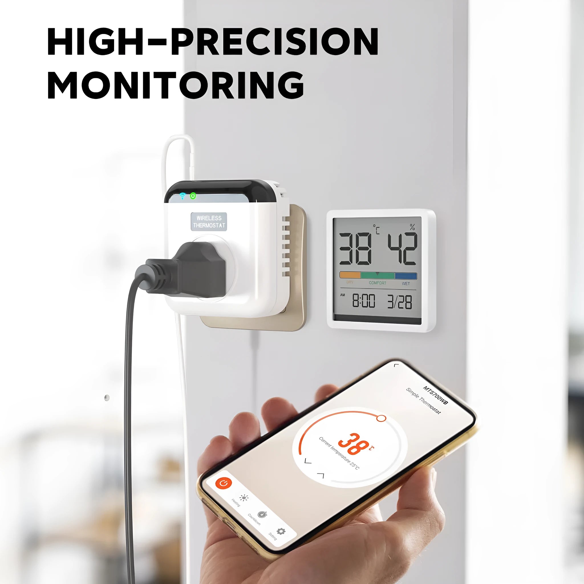 White smart socket with European 2-pin plug showing thermostatic and voice control functionality