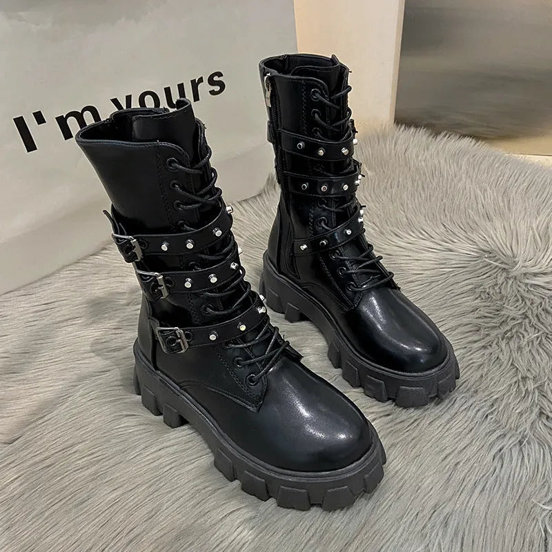 Buckle lace-up side zip punk women's mid boots in black and white, round toe, artificial PU upper and sole