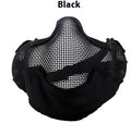 Carbon steel mesh face mask in black with head-mounted straps for outdoor anti-collision use