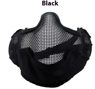 Carbon steel mesh face mask in black with head-mounted straps for outdoor anti-collision use