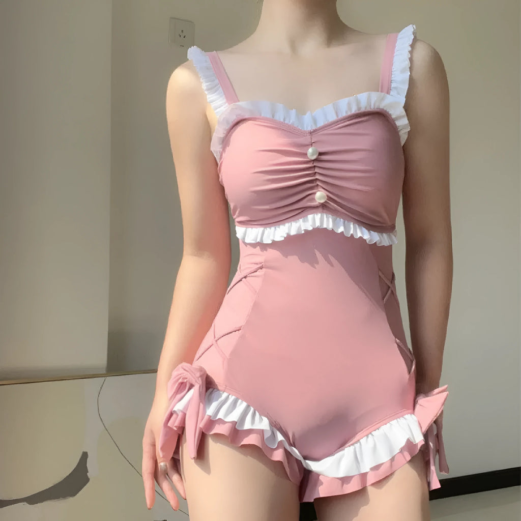 Women's one-piece sun protection swimsuit in milk silk fabric, solid pink colour, sleeveless style
