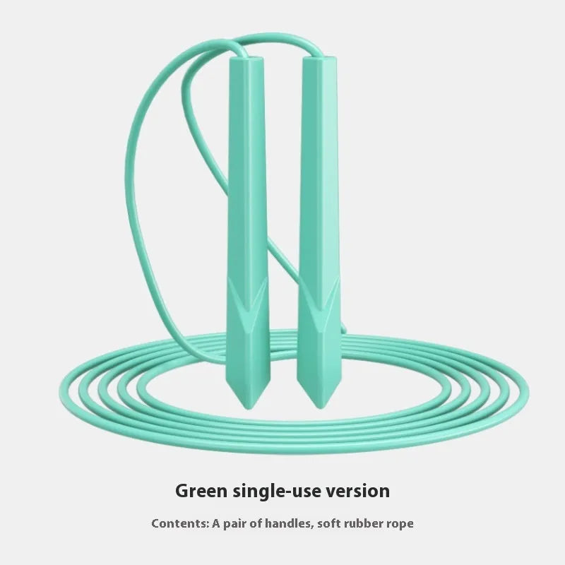 Fitness skipping rope with blue plastic handles and a coiled PVC cable on a grey background.