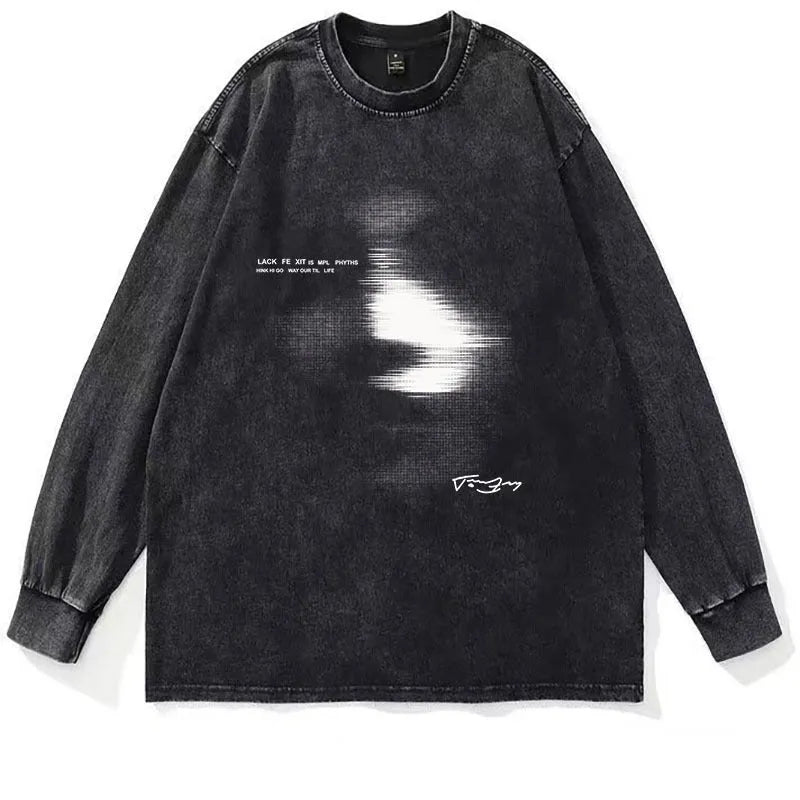 American style distressed heavy cotton round neck long sleeves t-shirt for men, loose fit, size M to XXXL