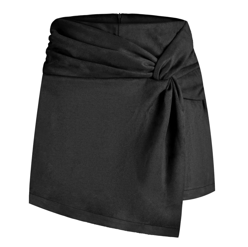 Women's heap pleated irregular half-length short pantskirt in polyester, black colour, front view on model
