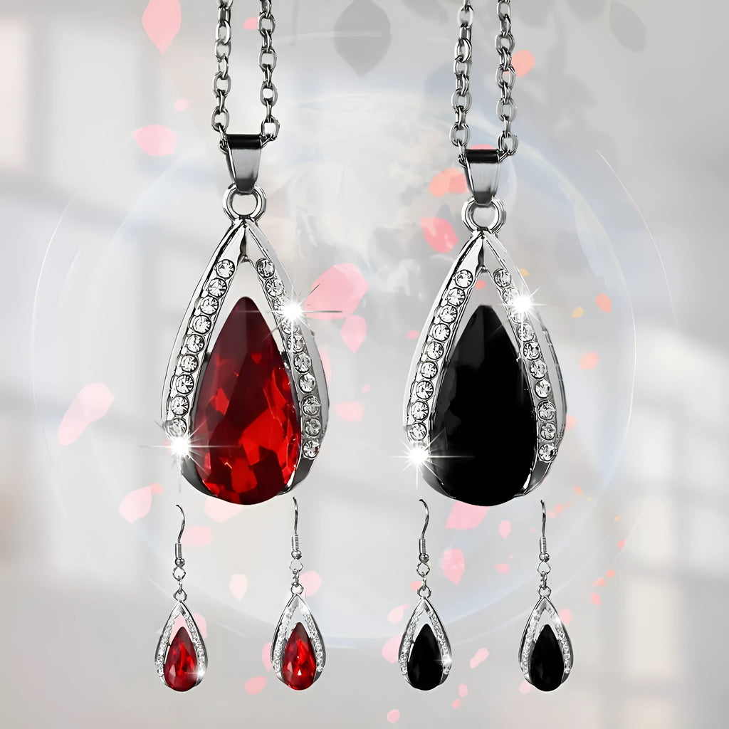 Black and red teardrop pendant alloy necklace and matching earrings set.