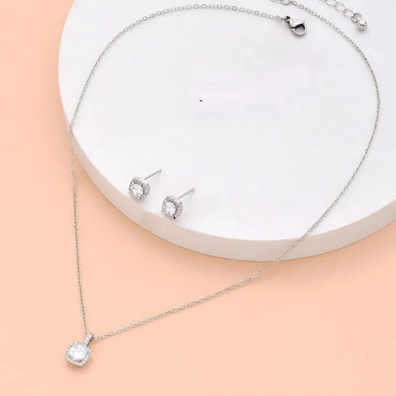 Female minimalist square diamond necklace and earring set in gold and silver colour options