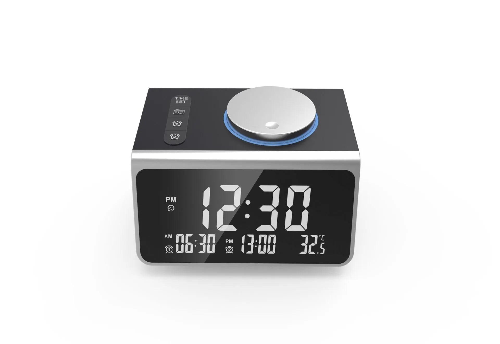 FM radio alarm clock with USB charging port and 3-inch digital display on a bedside table