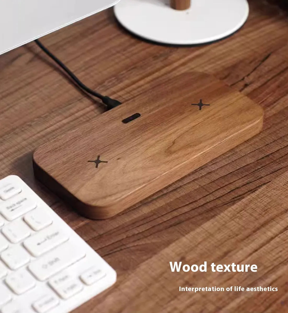 Walnut flat dual wireless charger for phone and earphone or Apple Watch with 15W fast charging and foreign object detection