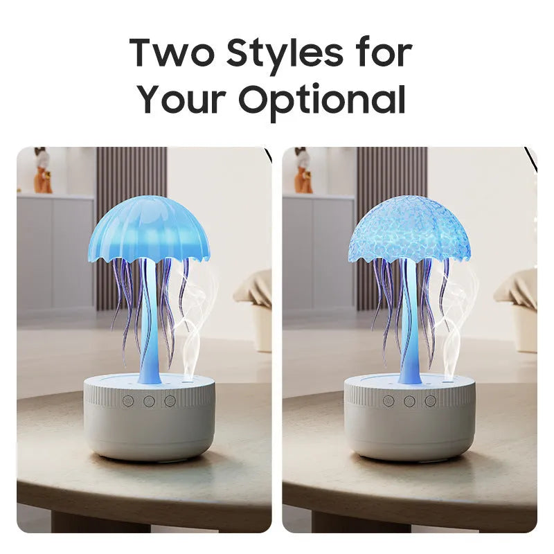 White USB rotating colorful light humidifier with large mist output on a desktop surface