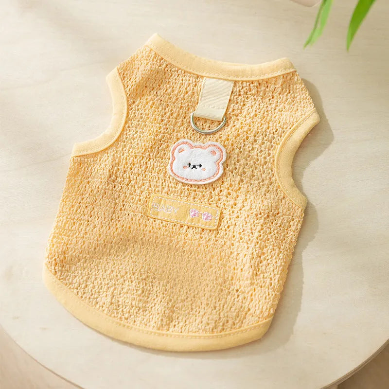 Cat clothes with bear patch in hollowed-out knitted fabric, available in blue green yellow colours