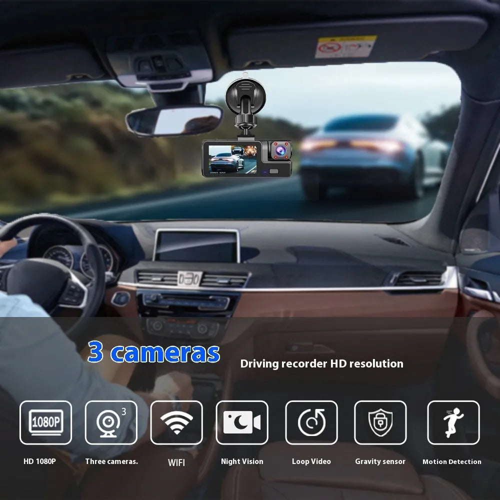 Black Wi-Fi dash cam with 2-inch screen, front lens, and separate rear camera for car reversing.
