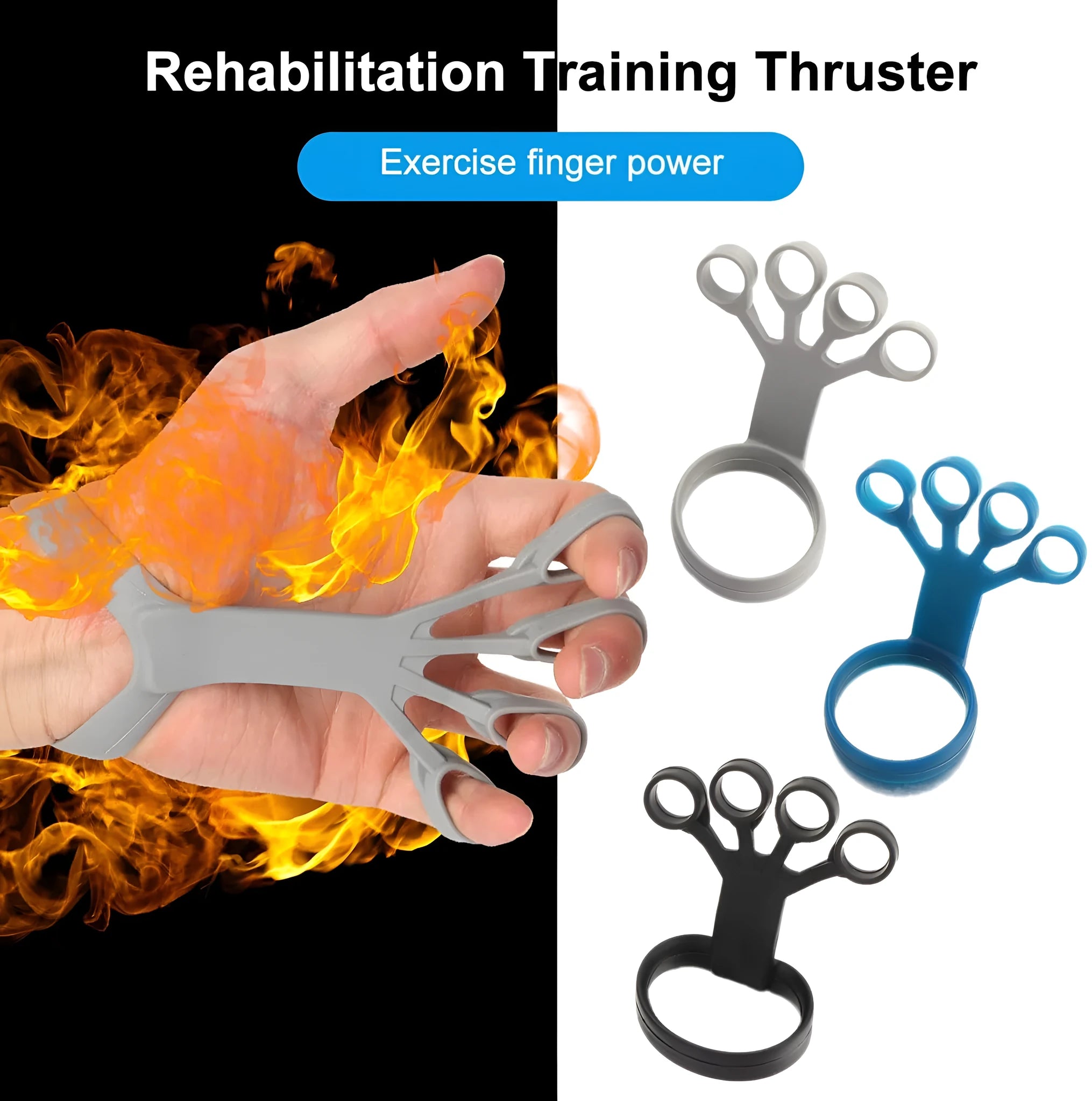 Three silicone finger pullers in grey, blue, and black on a white surface