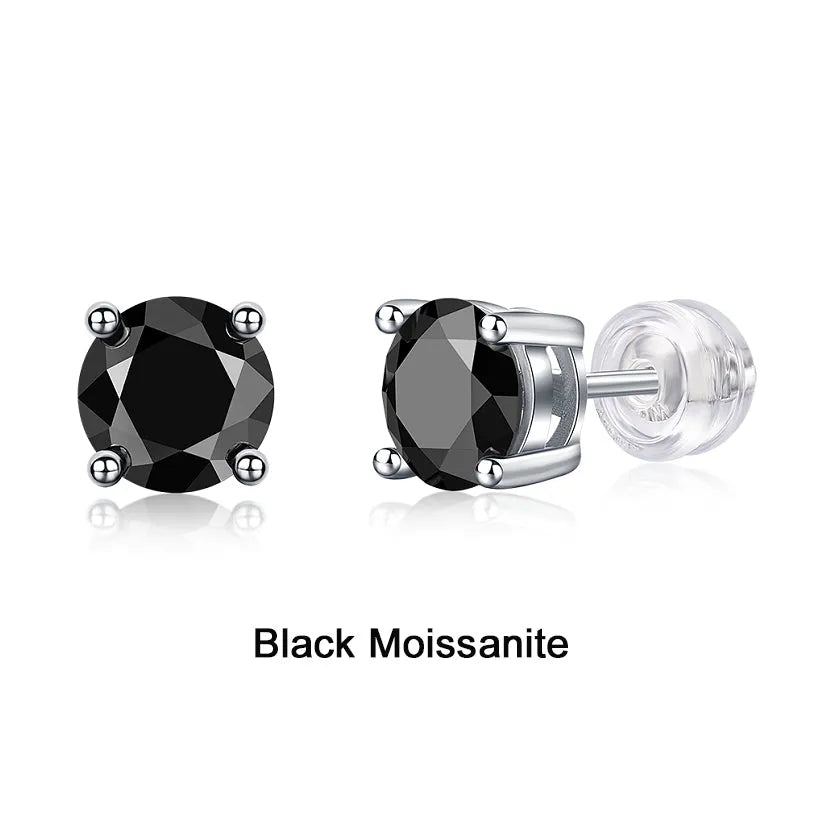 Pair of moissanite stud earrings with platinum-plated S925 silver settings, on a gift box, available in black or transparent stones