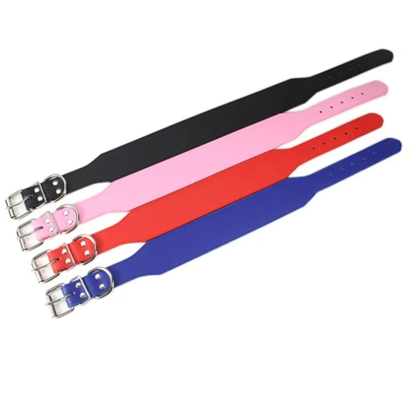 Fish-shaped red leather dog collar for large dogs on a size chart.