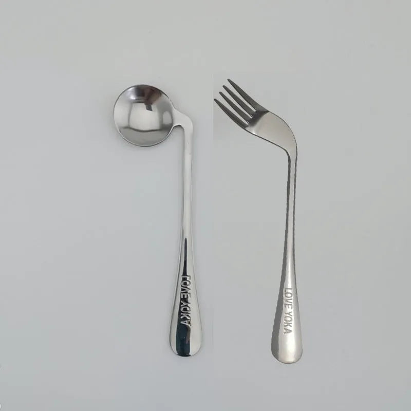 Stainless steel elbow spoon and fork set for elderly feeding care left and right hand options