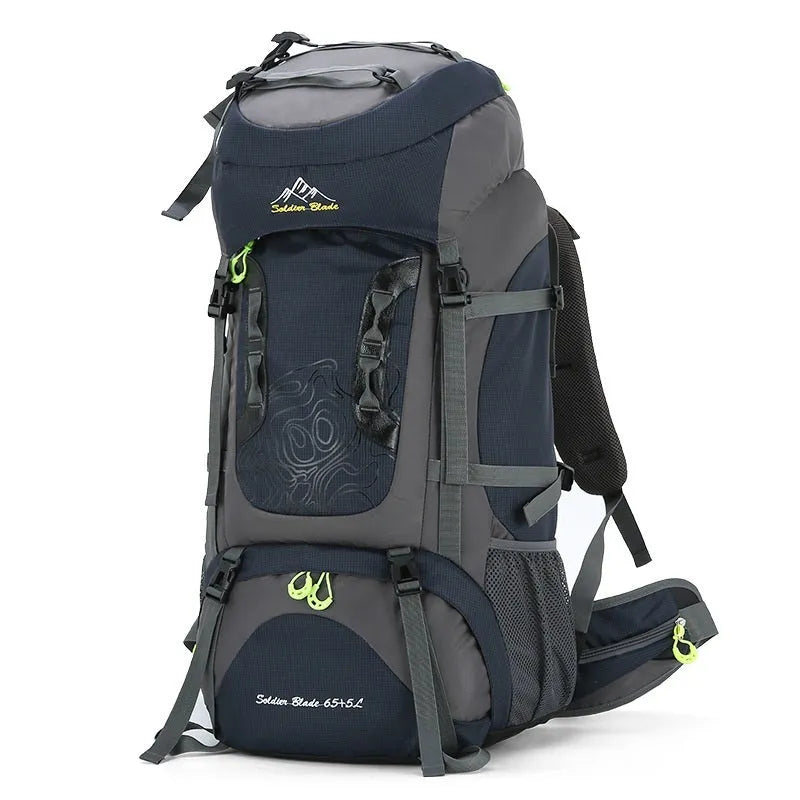 Waterproof polyester hiking camping backpack, 56-75L, 73 x 33 x 23cm, geometric pattern, unisex