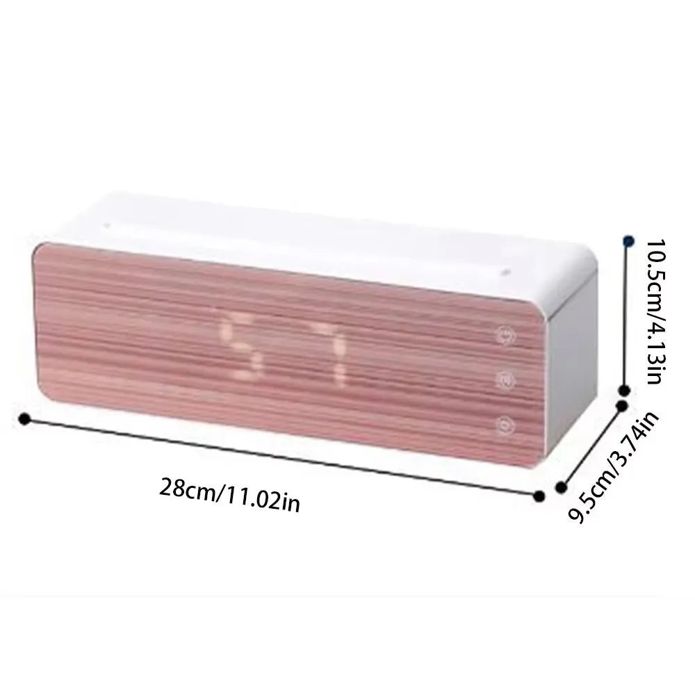 Homefish flame humidifier with wood-grain panel, clock and humidity display on a table