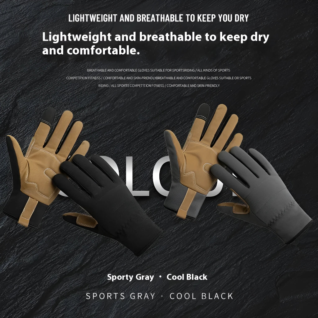 Men's and women's sports cycling gloves in black and grey with touchscreen function and windproof PU construction