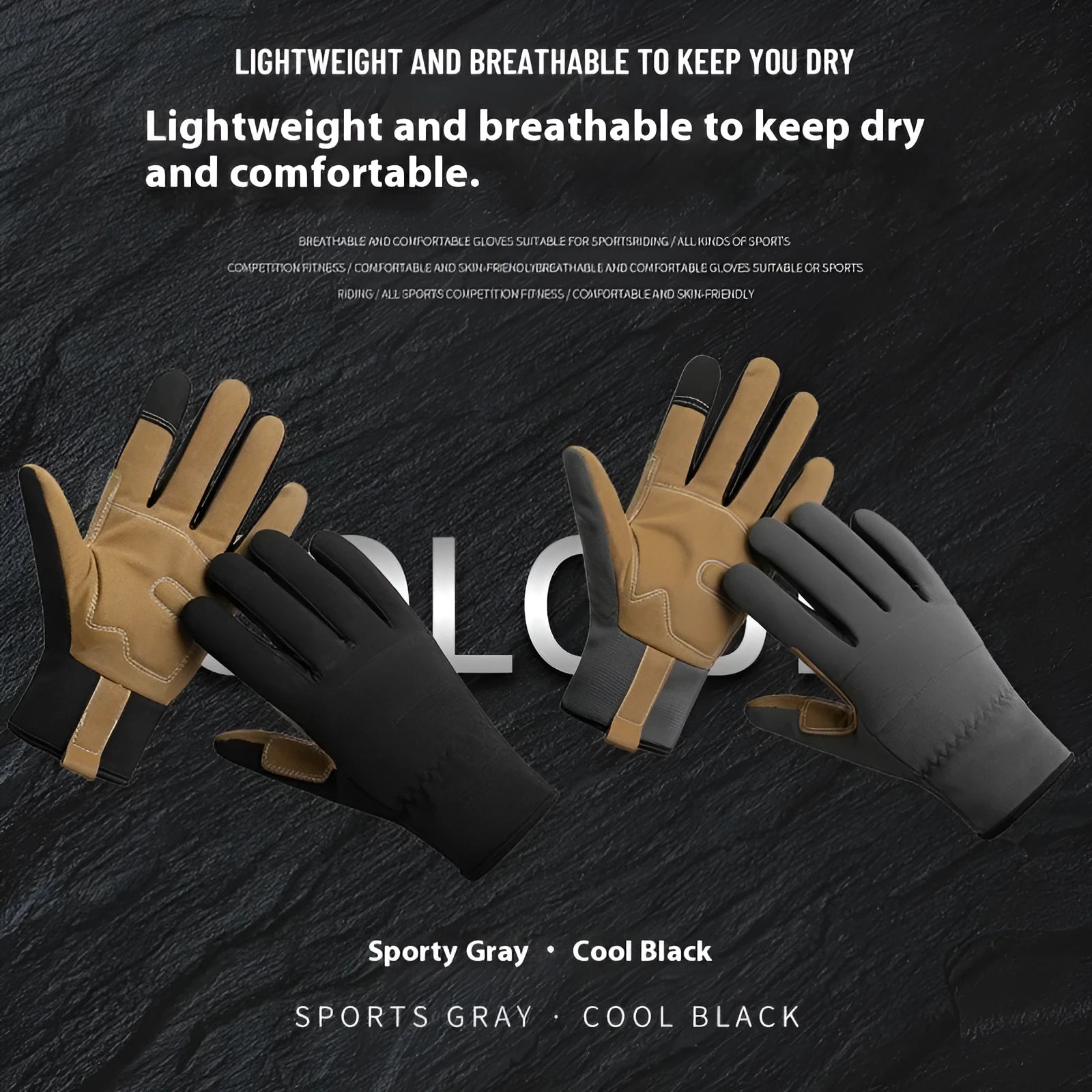 Men's and women's sports cycling gloves in black and grey with touchscreen function and windproof PU construction
