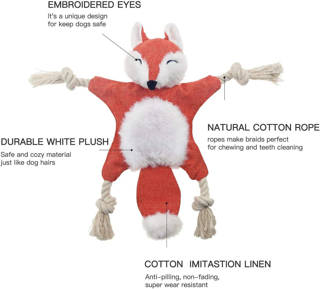 Brown plush fox dog toy with embroidered eyes, cotton rope arms and legs, and a squeaker in its head.