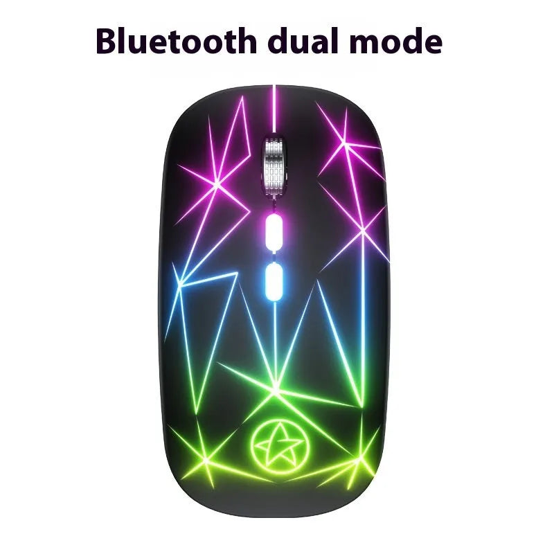 Wireless Bluetooth mouse in black finish showing 5-key layout with metal roller and luminous charging indicator