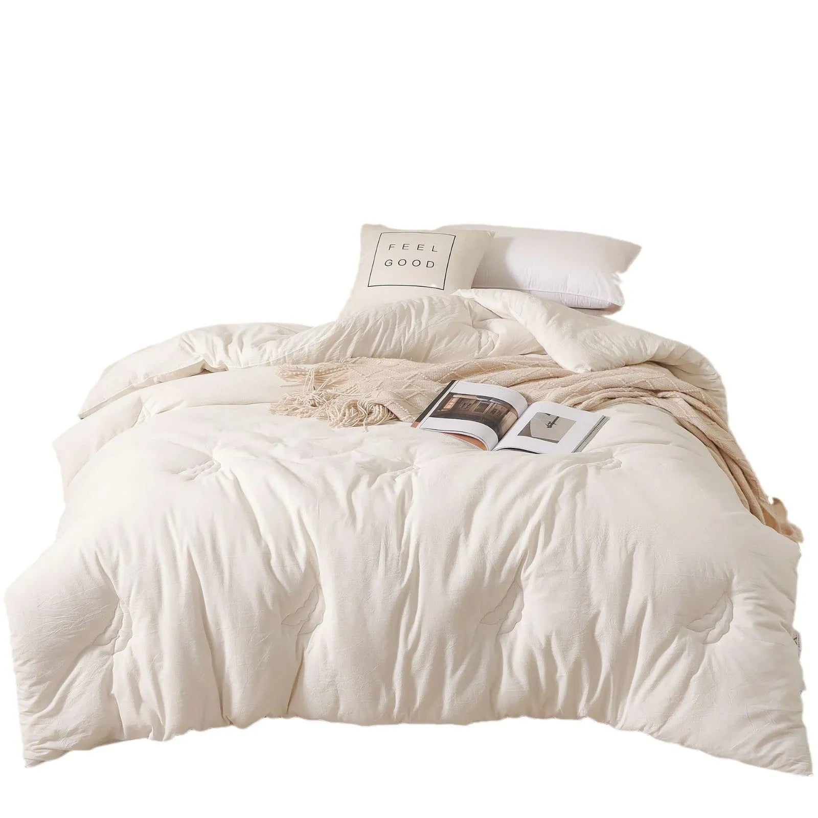 Soybean fibre quilt with pure cotton twill cover in grey, shown on a bed.