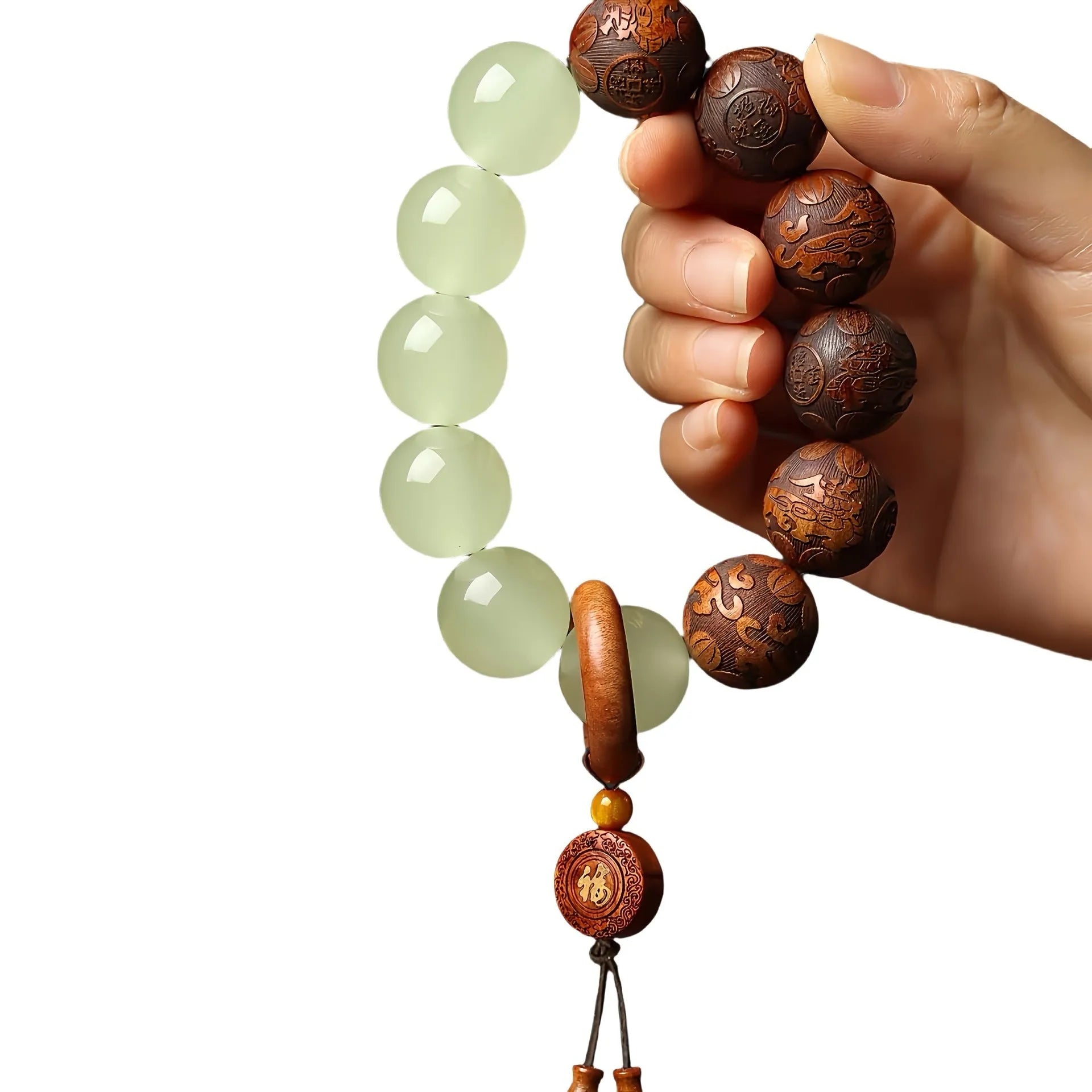 Rosewood bracelet with carved Fu character and amass fortunes design showing 12 wooden beads