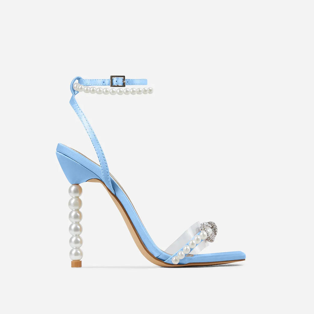 Square toe stiletto heels with rhinestone bow and pearl strap in apricot colour
