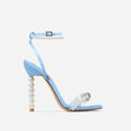 Square toe stiletto heels with rhinestone bow and pearl strap in apricot colour